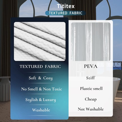 Tititex Solid White Cloth Fabric Shower Curtain Liner with 2 Magnets - Texture Pressure Bubble Soft Hotel Quality Waterproof Shower Liner, Light-Weight & Machine Washable 72x72 inch