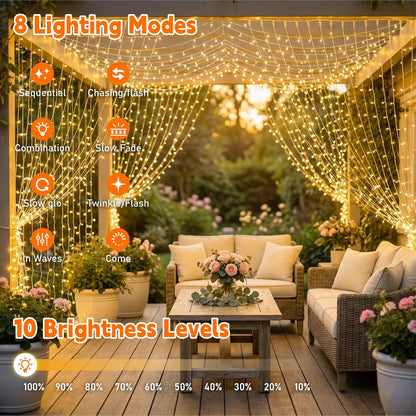 Skiennix Curtain Light - 200 LED Warm White Fairy String Lights | 6.6x6.6ft, 8 Modes for Home Decor