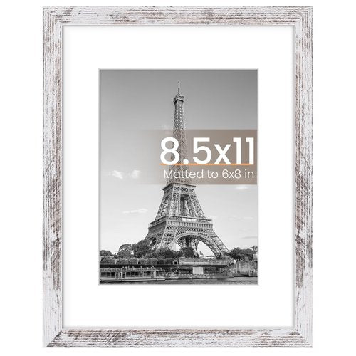 upsimples 8.5 By 11 Picture Frame, Display Pictures 6x8 with Mat or 8.5 x 11 Without, Wall Hanging Photo Frames, Rustic White, 1 Pack