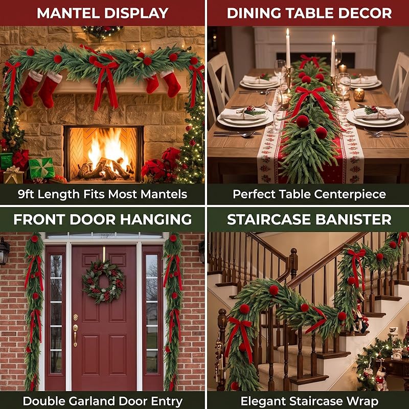 9ft Christmas Cedar Garland with Ornaments for Mantel & Fireplace — Realistic Artificial Norfolk Pine Cedar Garlands