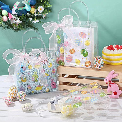Hosuly 24 Pcs Easter Clear PVC Gift Bags with Handles Plastic Colorful Egg Favor Bags with Ribbon Easter Bunny Candy Goodie Handbags for Spring Birthday Party Supplies, 7.8 x 7.8 x 3.1 Inch