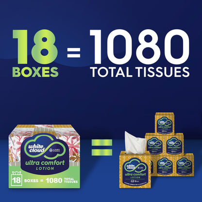 White Cloud Ultra Comfort Lotion 3-Ply Facial Tissue with Aloe & Vitamin E, 18 Box Multipack, 60 Tissues Per Box