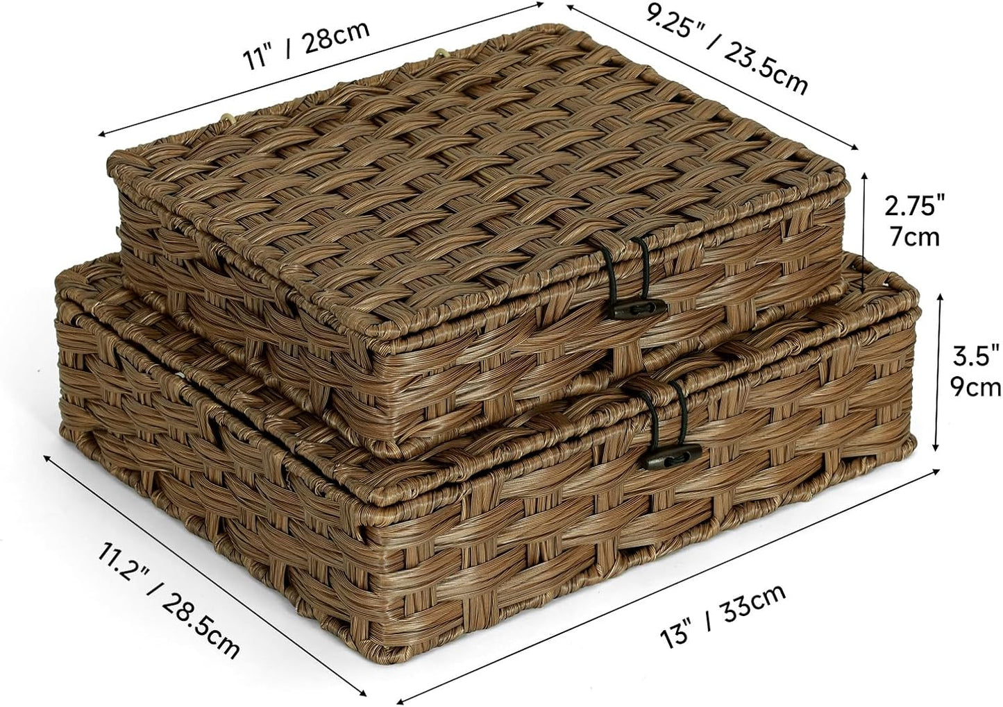 Plastic Wicker Storage Baskets - 2-Pack Woven Rattan Organizer Bins with Lids | Decorative Flat Boxes, Brown