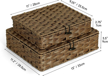 Plastic Wicker Storage Baskets - 2-Pack Woven Rattan Organizer Bins with Lids | Decorative Flat Boxes, Brown