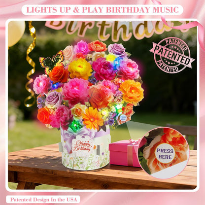 XTF2015 Birthday Cards - 3D Pop-Up Music & Lights | Peony & Butterfly Design, 13 Inch Forever Flower Bouquet