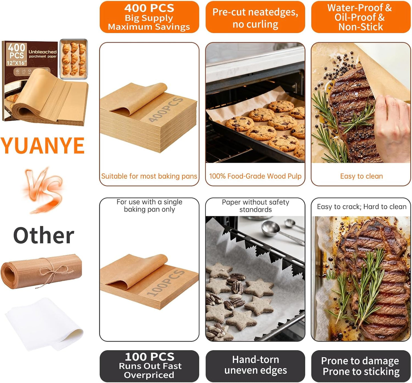 YUANYE Parchment Paper Baking Sheets - 400PCS Unbleached Precut 12"x16" Non-Stick for Oven & Air Fryer