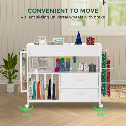 Skiennix Wrapping Paper Organizer - Stylish Craft Cart with Ribbon & Gift Bag Storage | 3 Wooden Drawers - White