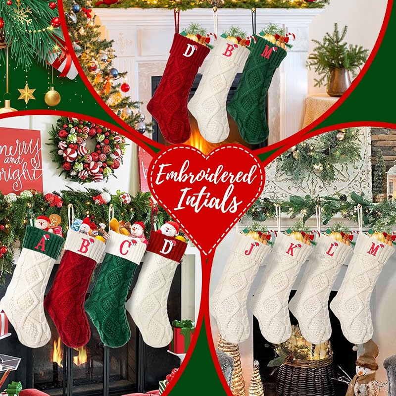 Large 18'' Embroidered Monogram Knit Christmas Stocking - Green White, Letter T