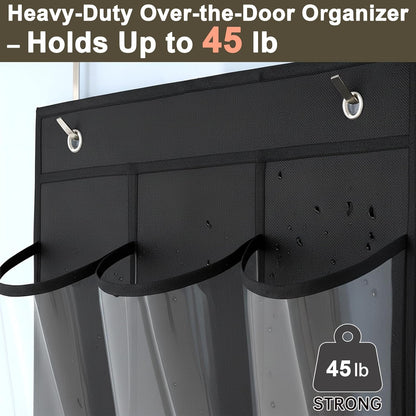 Over The Door Shoe Organizer - Space-Saving Rack with 24 Clear Pockets & Metal Hooks | Black