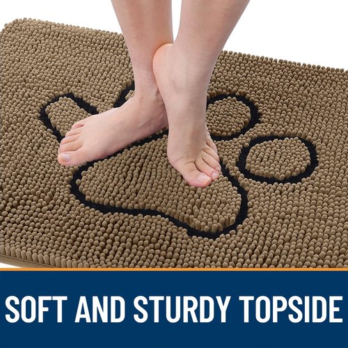 OLANLY Dog Door Mat for Muddy Paws 47x24, Paw Print Design, Absorbs Moisture and Dirt, Absorbent Non-Slip Washable Doormat, Quick Dry Chenille Mud Mat for Dogs, Entry Indoor Entryway Carpet, Tan