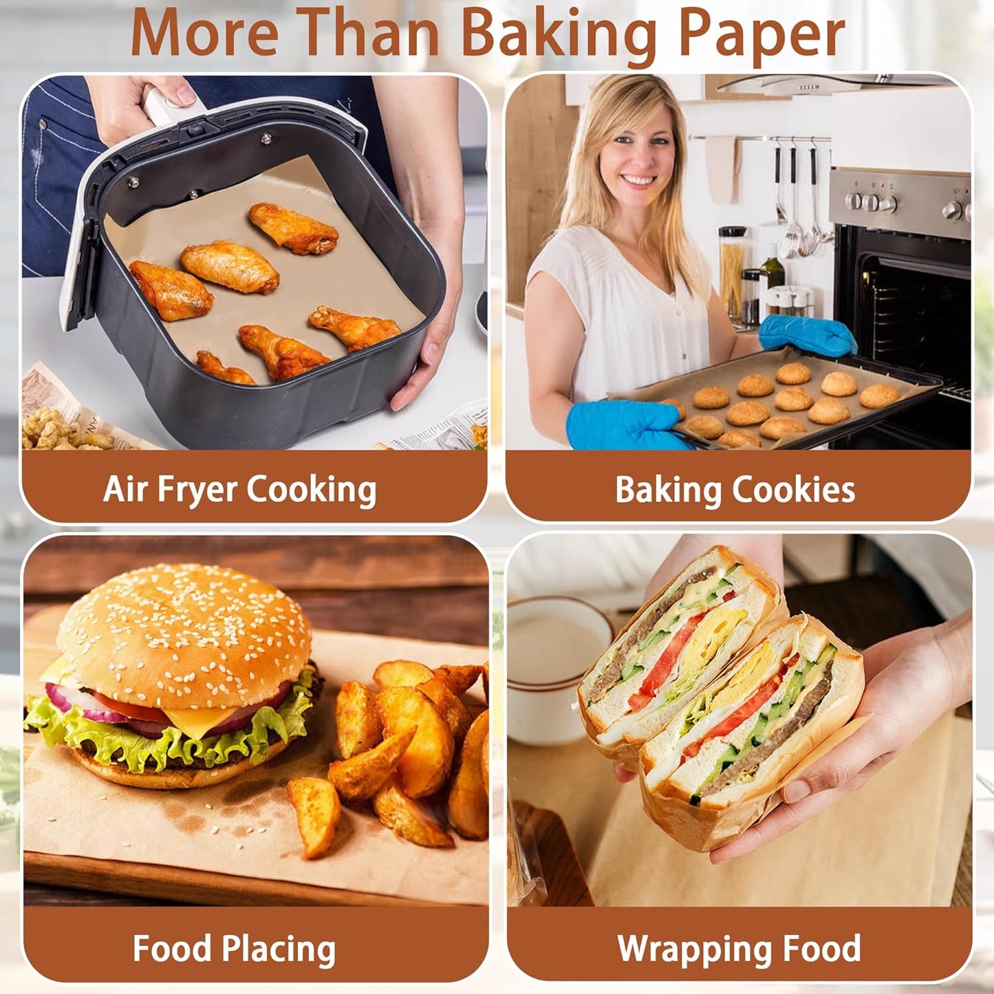 Skiennix Parchment Paper Sheets - 200 Pcs Unbleached Non-Stick Baking Liners | 8x8 Inch Natural Brown