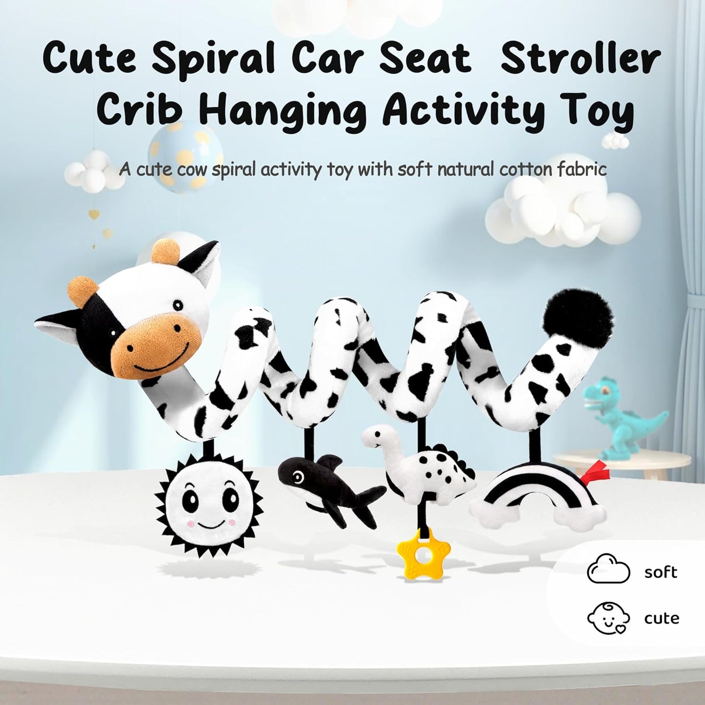 Skiennix Spiral Car Seat Baby Toy - High Contrast Sensory Hanging Stroller Accessory | Black & White Cow for Infants 0-6 Months
