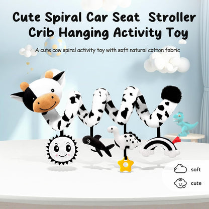 Skiennix Spiral Car Seat Baby Toy - High Contrast Sensory Hanging Stroller Accessory | Black & White Cow for Infants 0-6 Months