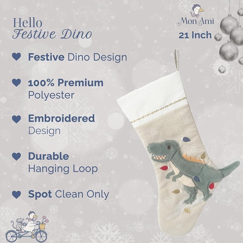 Dino Festive Christmas Stocking 21-Inch Linen Mantel Decor - Mon Ami Dino Variation