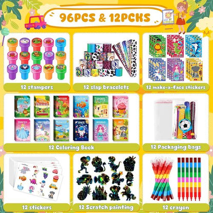 BenLouis Kids Party Favors Set - 96Pcs Mini Coloring Books, Crayons, Slap Bracelets & Stickers for Ages 4-12