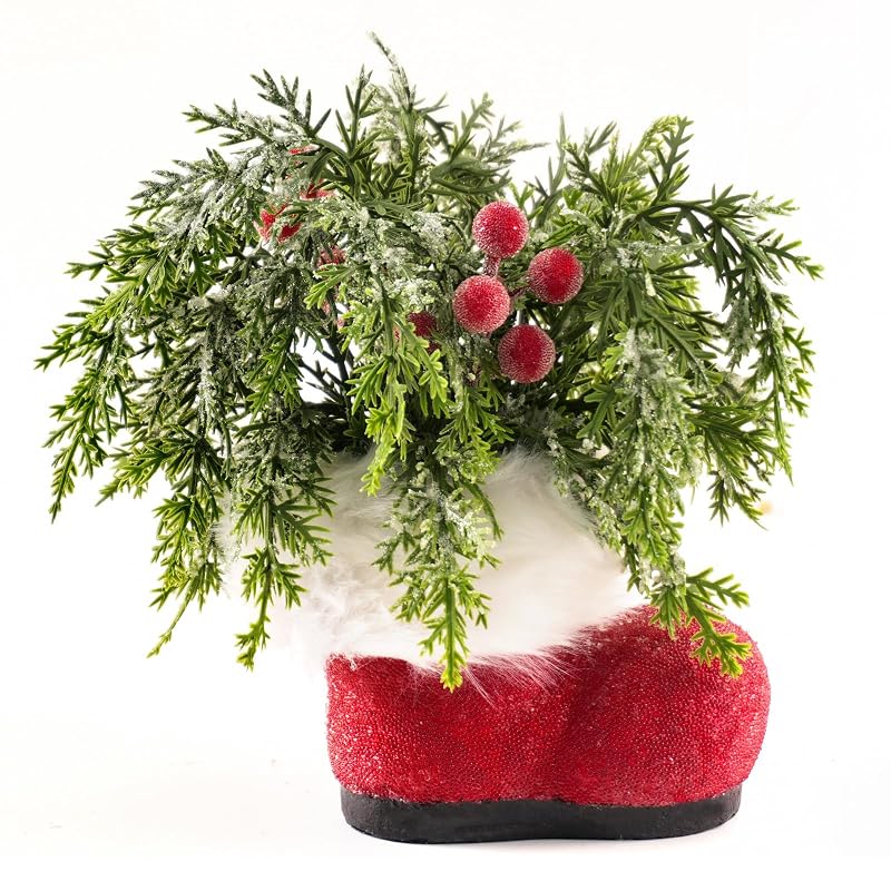 Mini Christmas Santa Boots Planter 8" with Red Berry Cedar