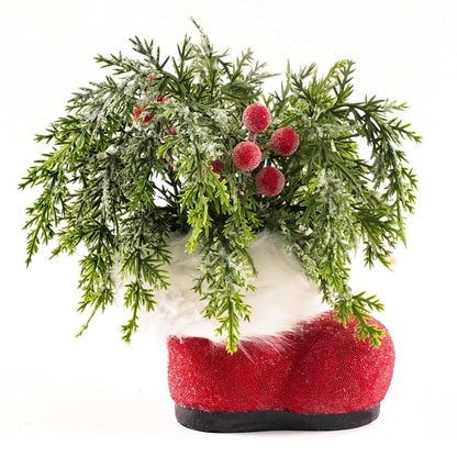Mini Christmas Santa Boots Planter 8" with Red Berry Cedar