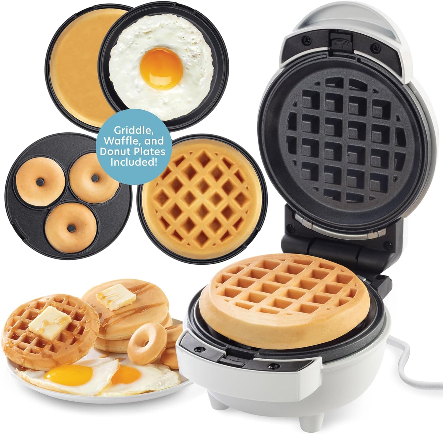 Mini Breakfast Maker by [Brand Name] - 3-in-1 Waffle, Donut, Pancake & Egg Cooker - Compact Nonstick Electric Appliance with Interchangeable Plates