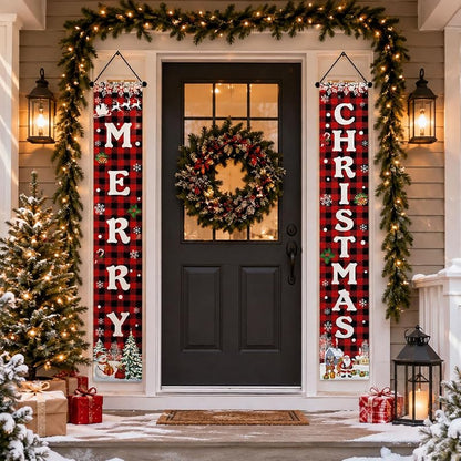 Merry Christmas Porch Banner - Red Buffalo Plaid with Snowman & Santa, Outdoor Door Decor