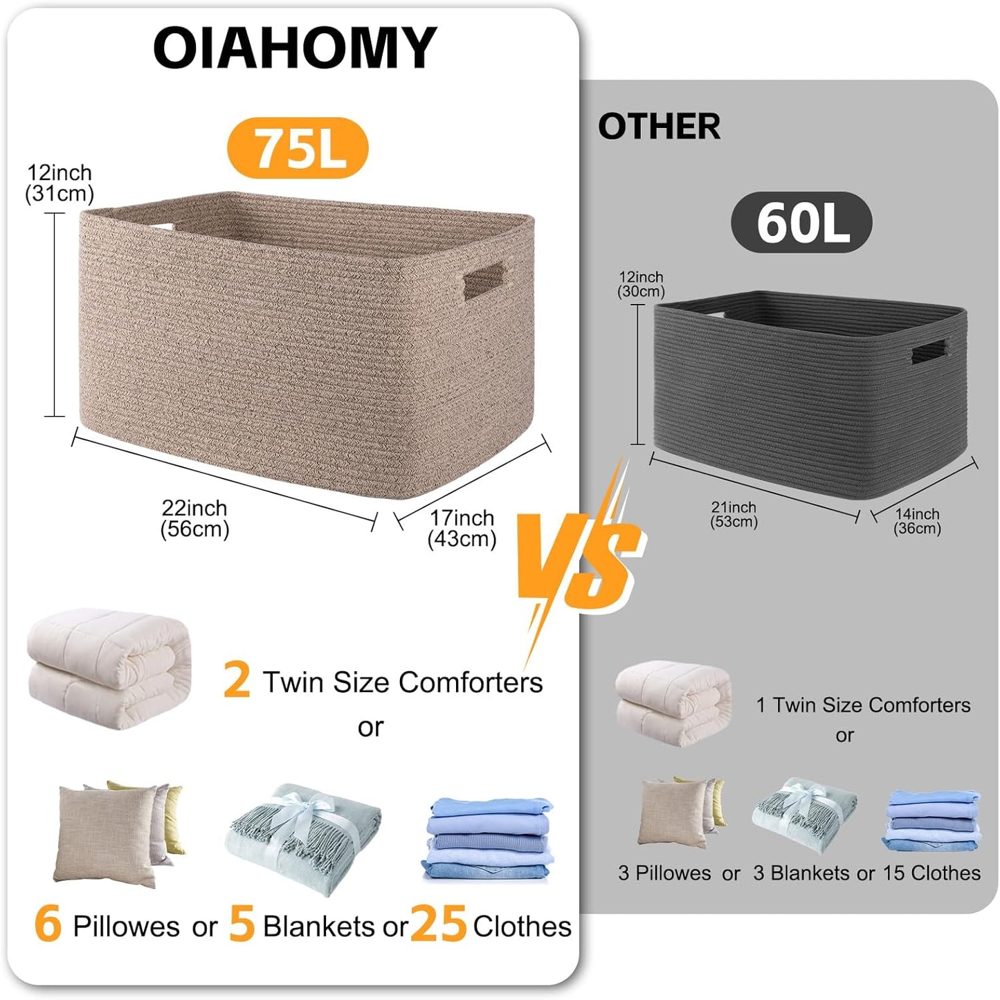 OIAHOMY 75L Large Woven Cotton Rope Storage Basket - Stylish Organizer for Blankets & Toys | Brown Variegated 22”x17”x12”