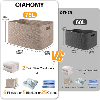 OIAHOMY 75L Large Woven Cotton Rope Storage Basket - Stylish Organizer for Blankets & Toys | Brown Variegated 22”x17”x12”