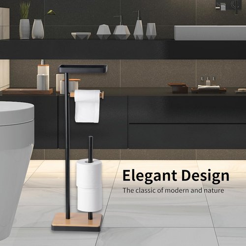 Clasin Home Toilet Paper Holder Stand - Free Standing Design with Storage & Top Shelf - Black Bamboo Finish