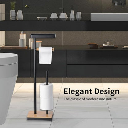 Clasin Home Toilet Paper Holder Stand - Free Standing Design with Storage & Top Shelf - Black Bamboo Finish