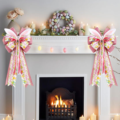 Skiennix Easter Bunny Ear Bows - Large 11"x20" Pink Burlap Decorative Bow for Spring Holiday Decor