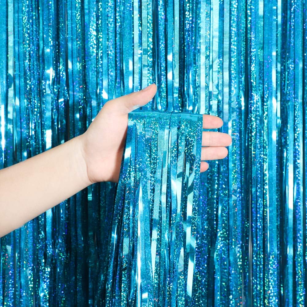 Melsan Foil Fringe Curtains - 3 Pack Tinsel Backdrop for Birthday, Baby Shower & Graduation - Teal 3.2 x 8.2 ft