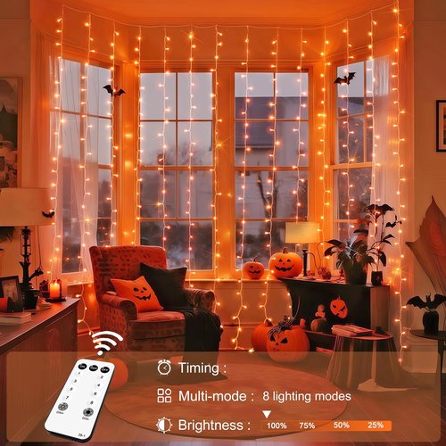 JMEXSUSS 300LED Orange Halloween Lights - Remote-Controlled 9.8x9.8ft Curtain String Lights for Indoor/Outdoor Fall Decor