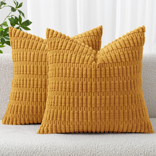 MIULEE Corduroy Throw Pillow Covers - Soft Boho Striped Design | 16x16 Inch, Gold Yellow, Set of 2