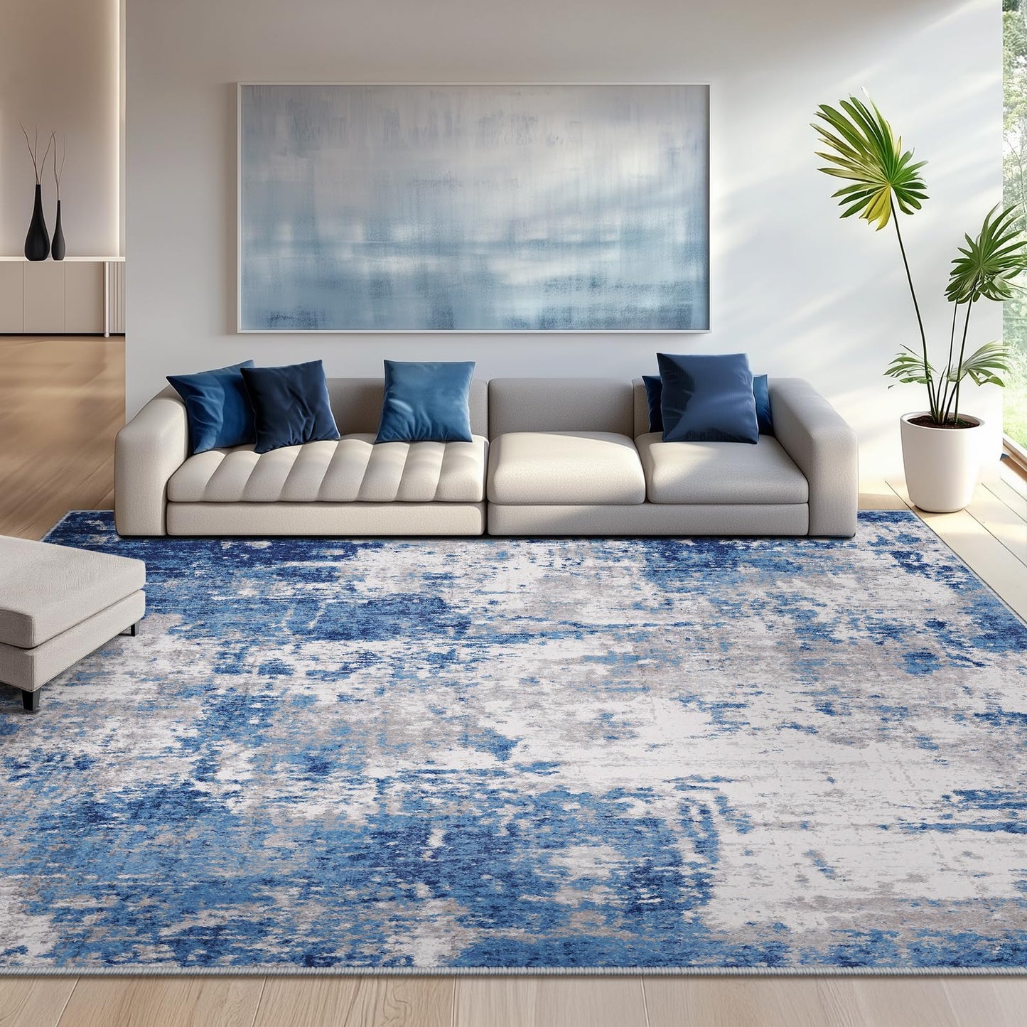 RELEANY Washable Area Rugs 5'x7' Non-Slip Modern Abstract Soft for Living Room Entryway Bedroom, Print Pattern, Blue Grey Navy Gray