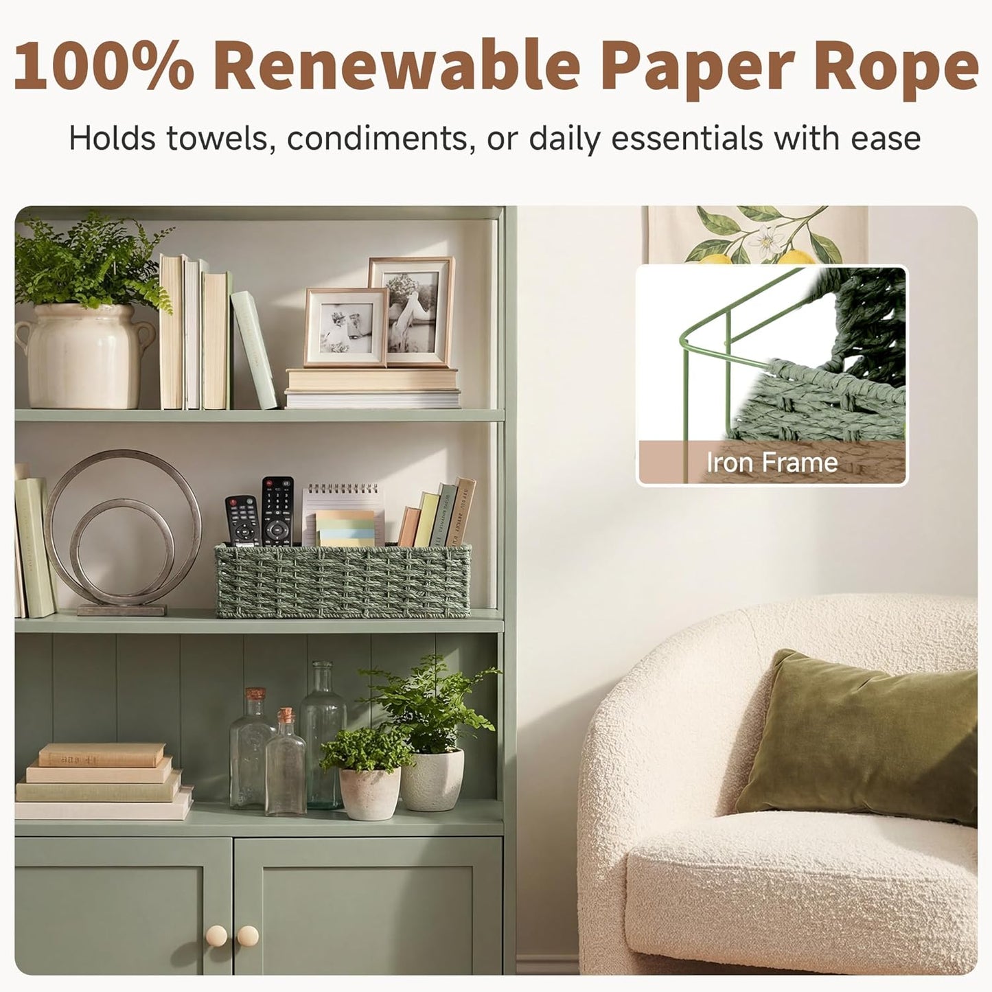 StorageWorks Wicker Toilet Basket - Small Tank Topper with Built-in Handles | Sage Green Bathroom Organizer