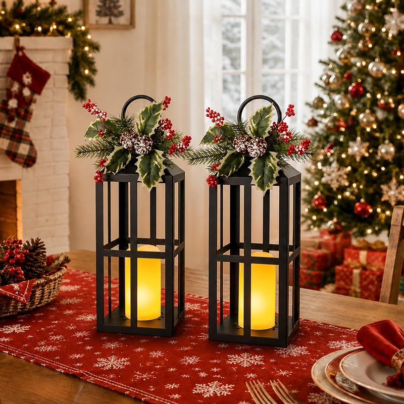Bdor Christmas Lanterns 2 Pack with LED Candles - Red Variation