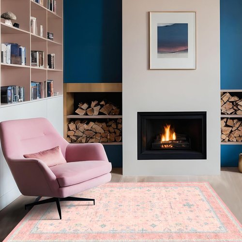 Hazo Haus Nursery Area Rug 4x6 - Charming Pink Boho Vintage Design | Washable Non-Slip for Kids Rooms