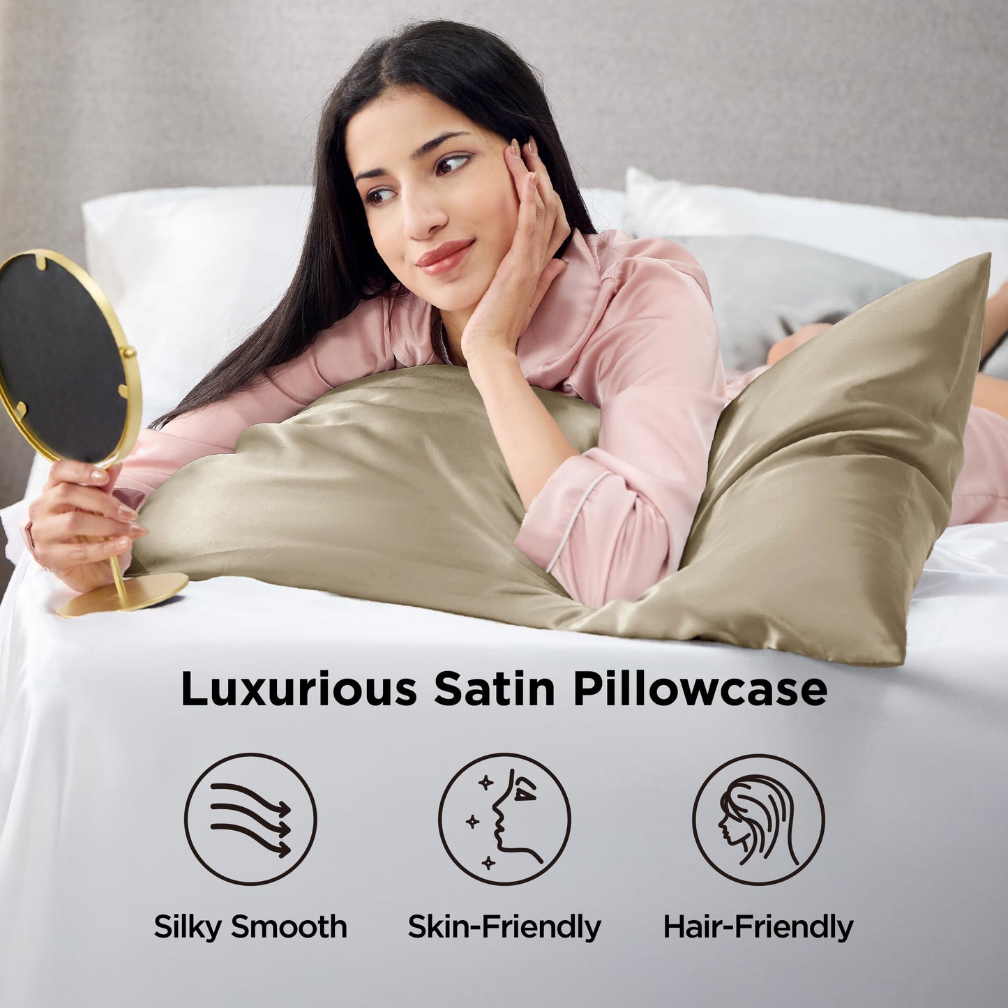 Bedsure Satin Pillowcase 2 Pack Similar to Silk Pillow Cases Standard Size, Pillow Case for Sleeping Women with Envelope Closure, Gifts for Women Men, Khaki, 20x26 Inches, 2pcs
