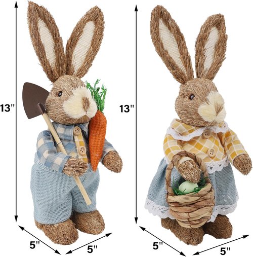 DR.DUDU Easter Decorations - Set of 2 Rustic 13" Bunny Figurines with Carrot | Spring Tabletop Decor