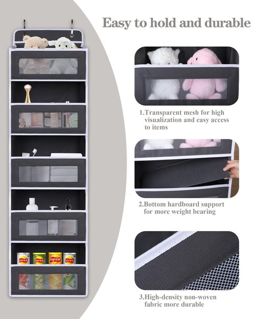 TIDY SAVANT Over The Door Organizer 44LB Capacity with 5 Large Pockets & 10 Mesh Side Pockets, Clear Window Anti-Tilt Hanging Storage for Nursery, Bathroom, Pantry - Dark Grey, 1 Pack