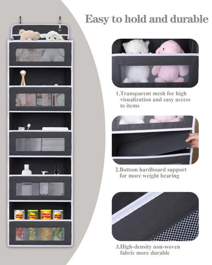 TIDY SAVANT Over The Door Organizer 44LB Capacity with 5 Large Pockets & 10 Mesh Side Pockets, Clear Window Anti-Tilt Hanging Storage for Nursery, Bathroom, Pantry - Dark Grey, 1 Pack