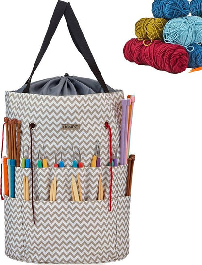 HOMEST Large Crochet Bag - Customized Front Compartment for Yarn Storage | 6 Oversized Grommets, Drawstring Closure