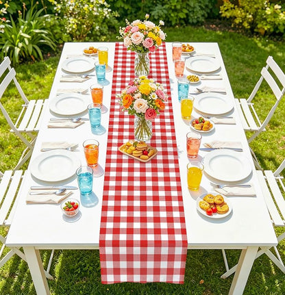 6 Pcs Red Gingham Table Runner – Disposable Plastic 14x108in, 6 Count, Variation: Red Gingham Table Runner+6 PCS
