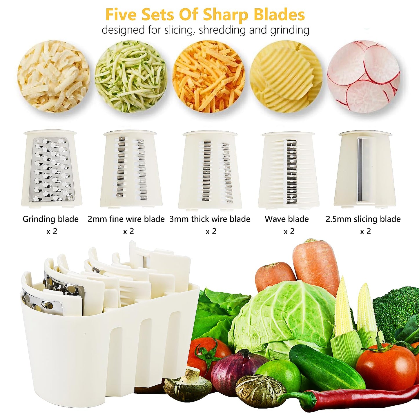 PDAENLKY Rotary Cheese Grater with Handle, 5-in-1 Cheese Grater Hand Crank, Strong Suction Base, White