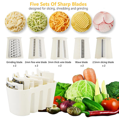 PDAENLKY Rotary Cheese Grater with Handle, 5-in-1 Cheese Grater Hand Crank, Strong Suction Base, White