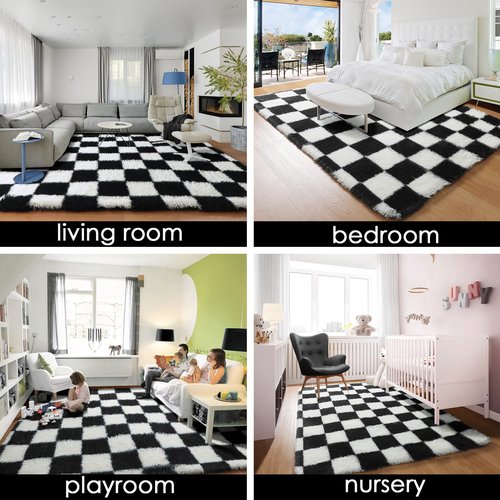 KICMOR Rugs for Living Room, 5x8 Area Rug Black and White Fluffy Shag Soft Checkered Rug Large Fuzzy Plush Furry Shaggy Carpet for Bedroom, Kids Boys Girls Teen Dorm Nursery Home Decor Aesthetic