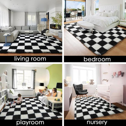 KICMOR Rugs for Living Room, 5x8 Area Rug Black and White Fluffy Shag Soft Checkered Rug Large Fuzzy Plush Furry Shaggy Carpet for Bedroom, Kids Boys Girls Teen Dorm Nursery Home Decor Aesthetic