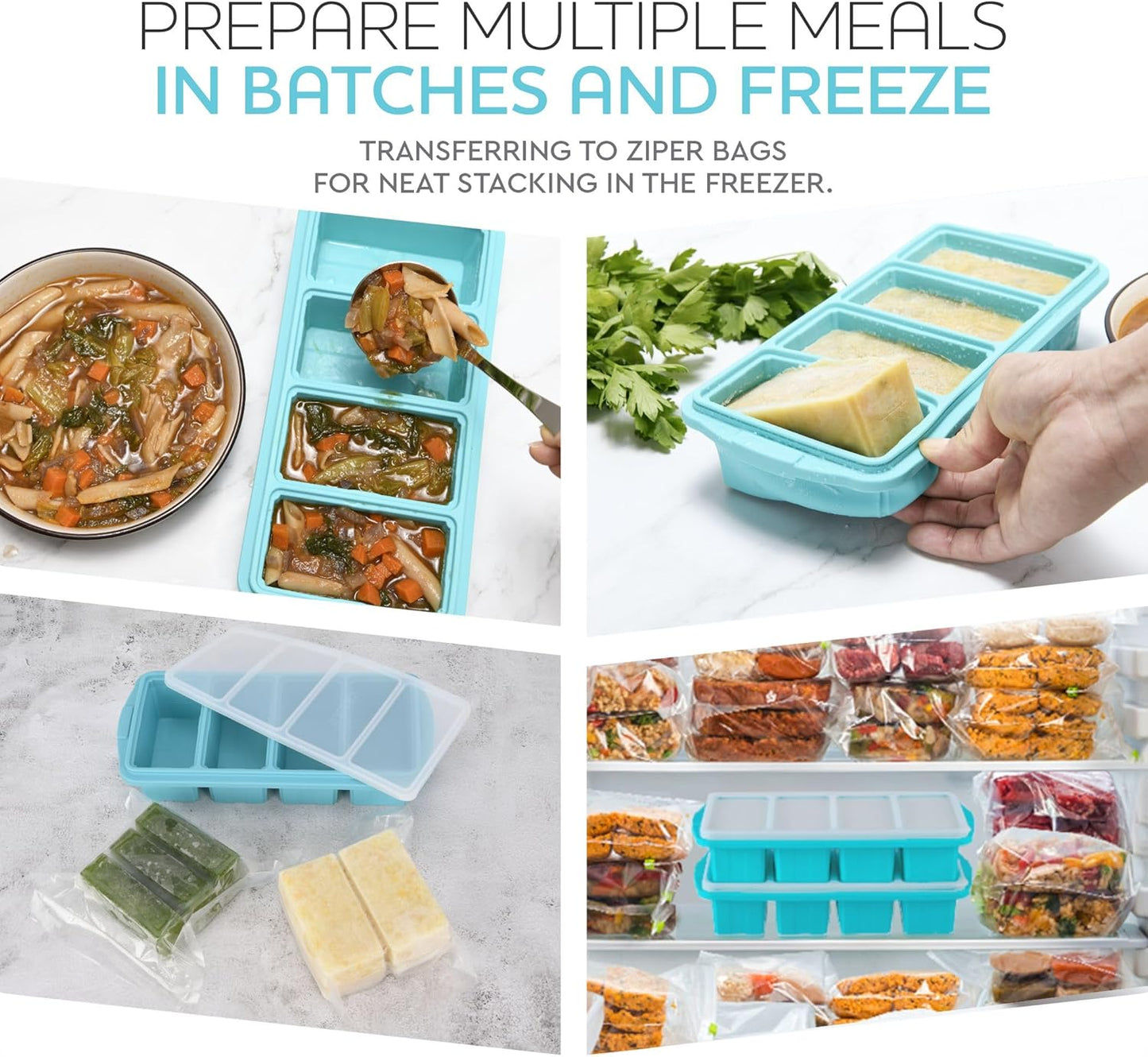 XOMOO Silicone Freezer Tray With Lid | Large Ice Cube Molds for Soup & Meal Prep - 2-Pack, Oven & Dishwasher Safe