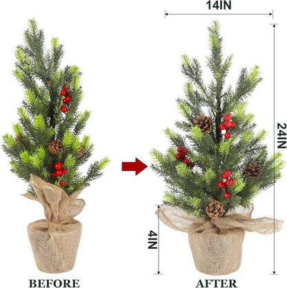Juegoal 24-Inch Pre-Lit Christmas Pine Tree - Warm White Fairy Lights | Small Tabletop Decor with Burlap Base