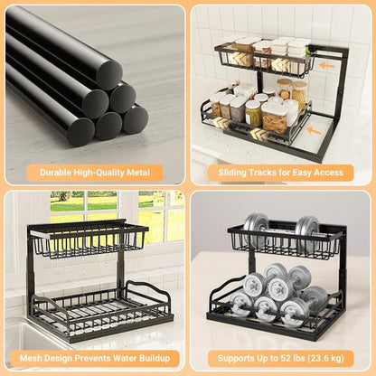 AceMining Under Sink Organizer - 2 Pack L-Shaped 2 Tier Storage with Sliding Drawer | Height Adjustable Metal for Kitchen & Bathroom