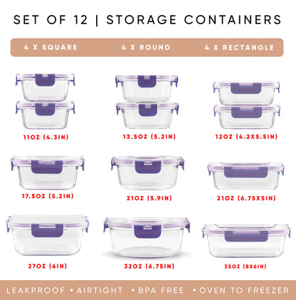 JoyJolt 24pc Borosilicate Glass Storage Containers with Lids. 12 Airtight, Freezer Safe Food Storage Containers, Pantry Kitchen Storage Containers, Glass Meal Prep Container for Lunch