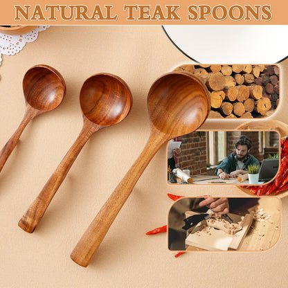 Skiennix Wooden Ladle - Natural Teak Cooking Spoon Set | Non-Stick, 3 Sizes for Soup & More